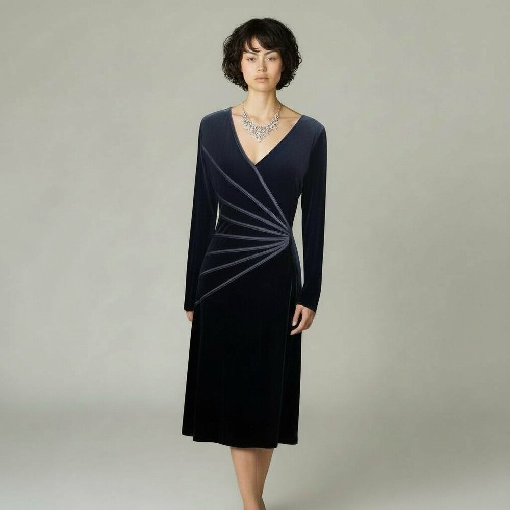 Tadashi Black Velvet Dress Below Knees Classic Faux Wrap Sz S Longsleeve
